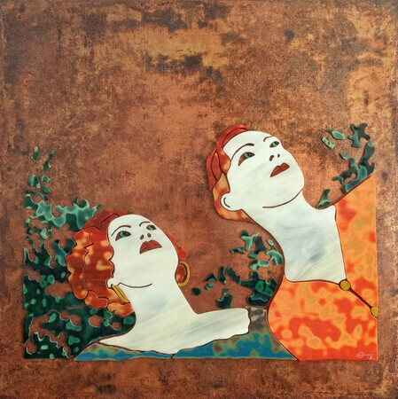 The Girls.  glass on copper